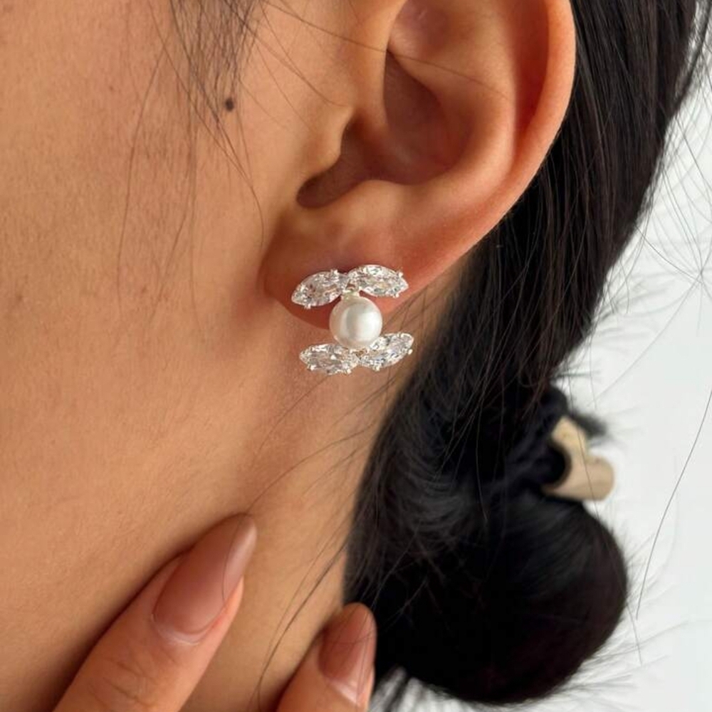 Silver Pearl Crystal C Clip Stud Earrings - Picture 2 of 3